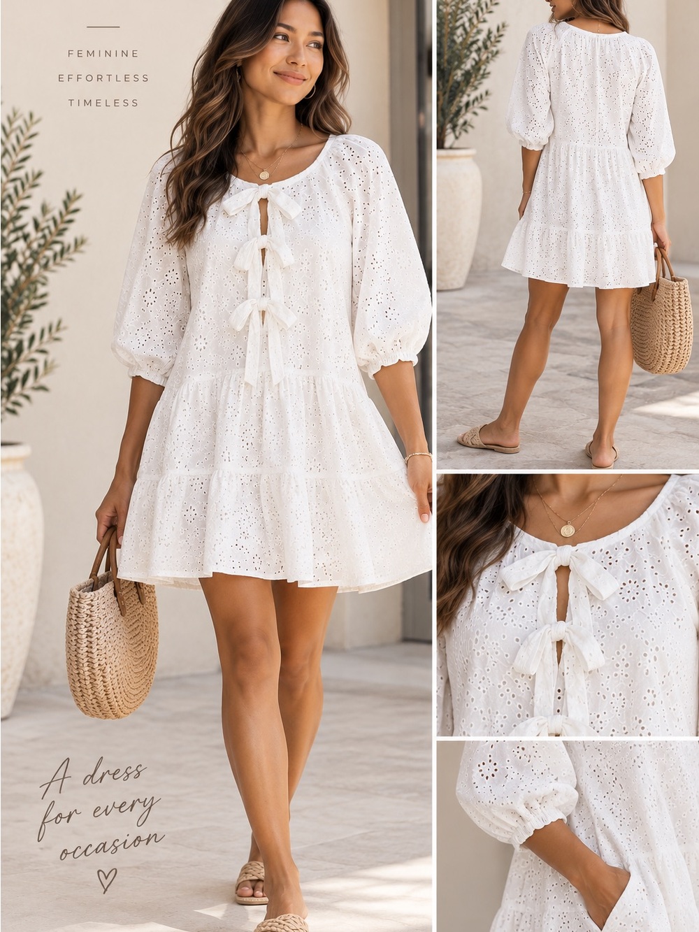 NWT Karlie White Eyelet Bow Front Tiered Dress S Cotton Blend